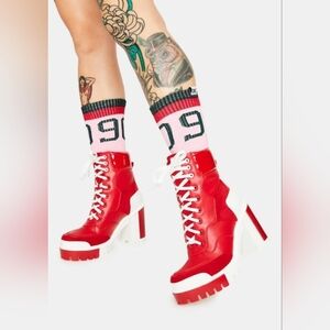 AZALEA WANG "Crimson Voltage Charge"Combat Heels Red/White Ankle Boots(BRAND NEW
